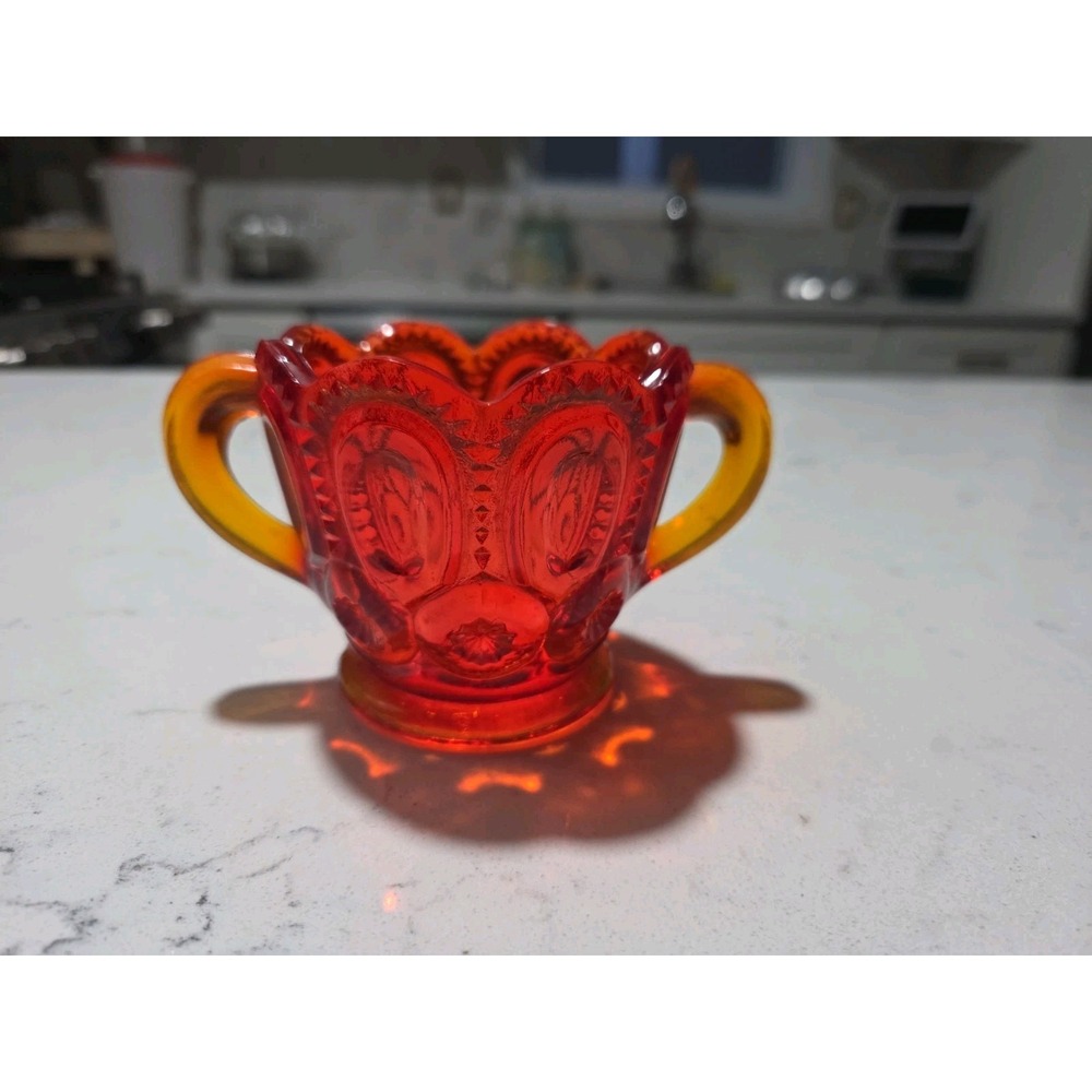Vintage LE Smith Glass Moon and Stars Amberina Open Sugar Bowl  Glows Cadmium